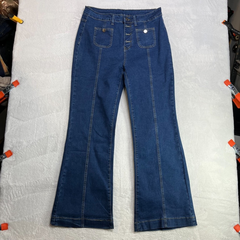 Womens Flare Jeans Blue XL High‎ Waist Front Patch Pockets Button Fly - 31X30